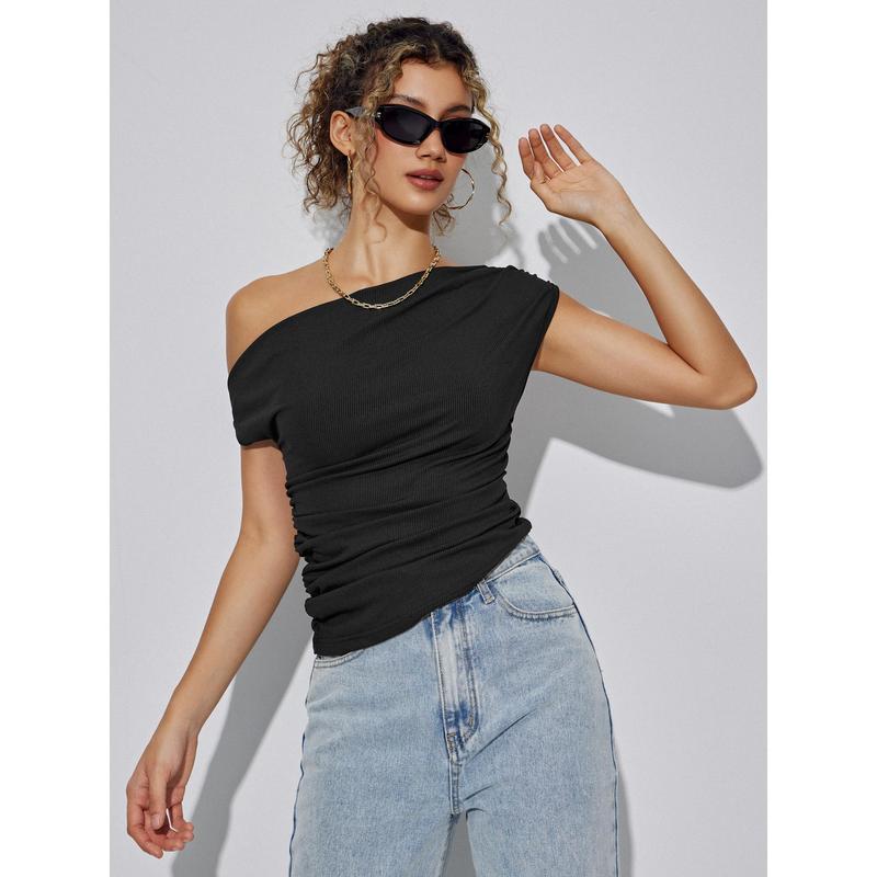 Cider [4 colors, size 0-26] Asymmetrical Neck Ruched Crop Top