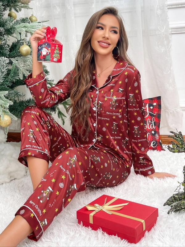 Christmas Two-piece Set Women's All Over Print Button Front Pocket Shirt & Elastic Waist Pants Satin Pyjama, Casual Comfy Long Sleeve Lapel Top & Trousers Pj Set, Ladies Sleepwear for Spring & Fall