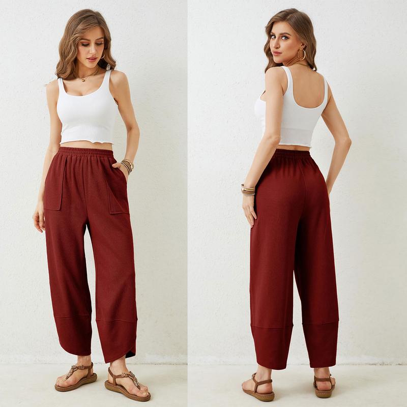 Tanming Womens Cotton Wide Leg Pants Elastic Waisted Baggy Loose Beach Palazzo Harem Pants with Pockets