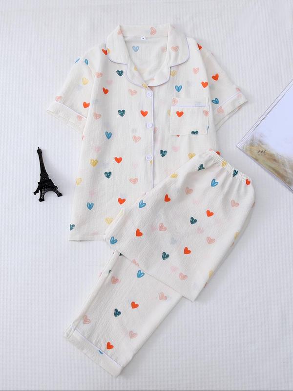 Women's Heart Print Pajama Set, Casual Short Sleeve Button Front Lapel Shirt & Pants Pj Set, Summer Wear 2024, Summer Clothes, PJs Lounge Set, Pajama Sets Women, Please Purchase One Or Two Size Up