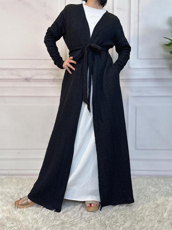 Women's Solid Textured Belted Lounge Robe, Casual Long Sleeve Pocket Dressing Gown, Ladies Fall & Winter Sleepwear Longsleeves