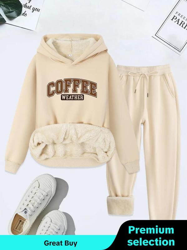 Women's Letter Print Drop Shoulder Thermal Lined Sweatshirt & Drawstring Waist Sweatpants Two-piece Set, Casual Fashion Cozy Breathable Two Piece Outfits for Daily Wear, Ladies Fall & Winter Clothes