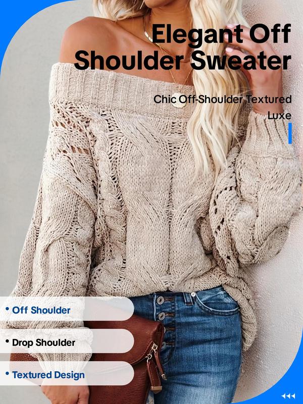 Women's Plain Textured Off Shoulder Sweater, Fall Outfits, Fallfreshness Casual Drop Shoulder Long Sleeve Jumper for Daily Wear, Ladies Knitwear for All Seasons, Fall Outfit