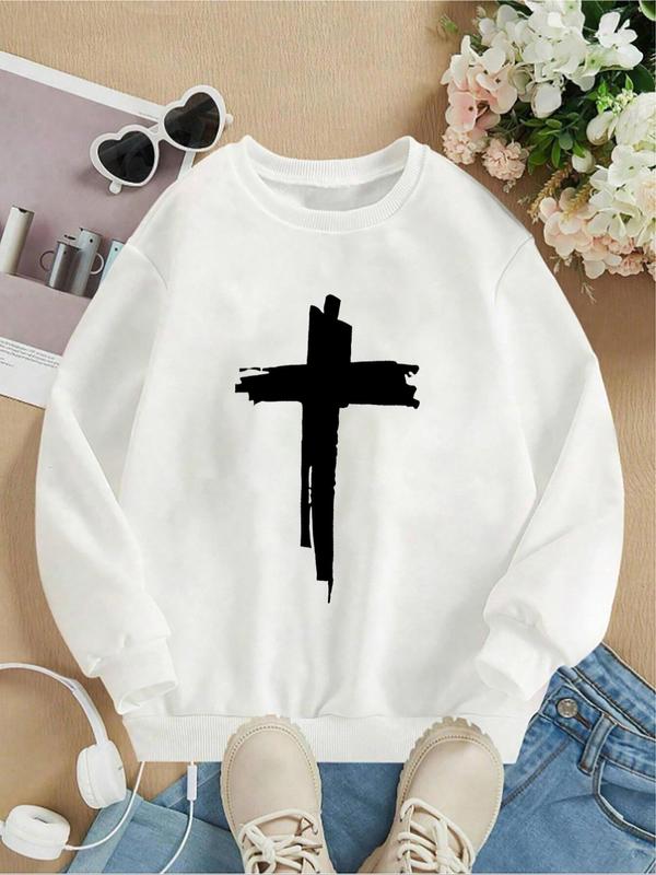 Women's Cross Print Crew Neck Sweatshirt, Casual Long Sleeve Pullover for Fall & Winter, Women's Clothes for Daily Wear