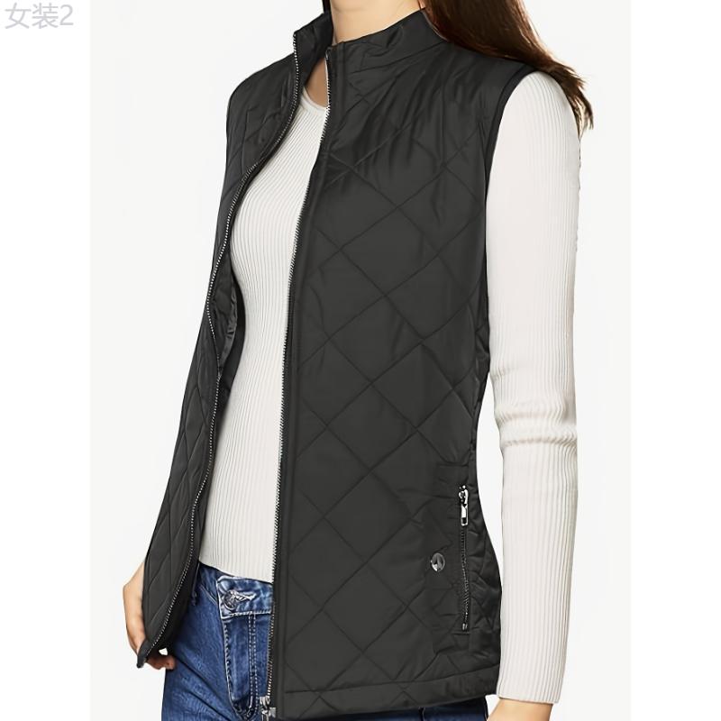 Argyle Pattern Sleeveless Vest - Casual Zip Up Solid Vest - Women's Clothing - Stylish & Comfortable - For Casual Wear - Perfect Gift for Fashionable Women  Collar Fabric Womenswear Polyester  Tops Gamis  Elegant Basic