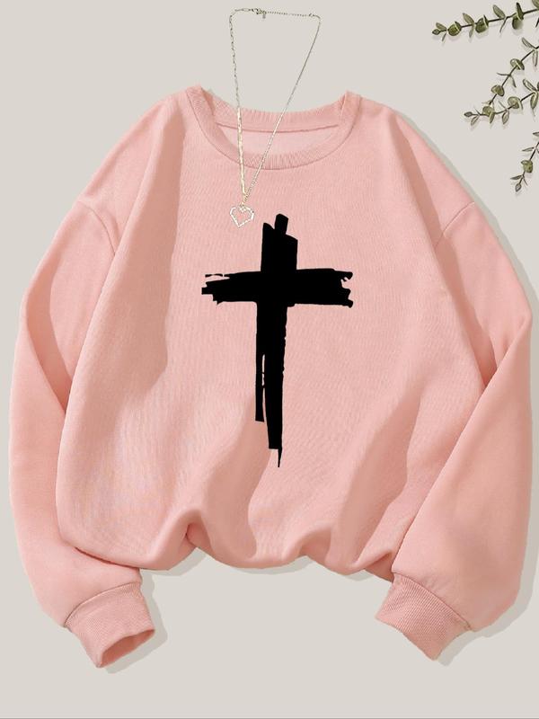 Women's Cross Print Crew Neck Sweatshirt, Casual Long Sleeve Pullover for Fall & Winter, Women's Clothes for Daily Wear