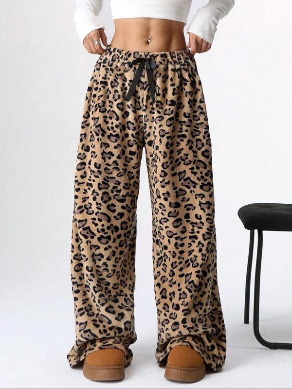 Women's Leopard Print Bow Decor Elastic Waist Wide Leg Pants, Casual Comfy Plush Trousers for Daily Wear, Ladies Bottoms for Fall & Winter