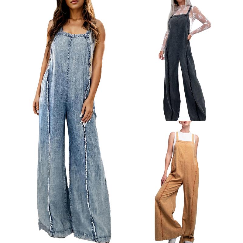 Women Denim Overalls Loose Vintage Washed Raw Trim Square Neck Open Back Sleeveless Wide Leg Jumpsuit