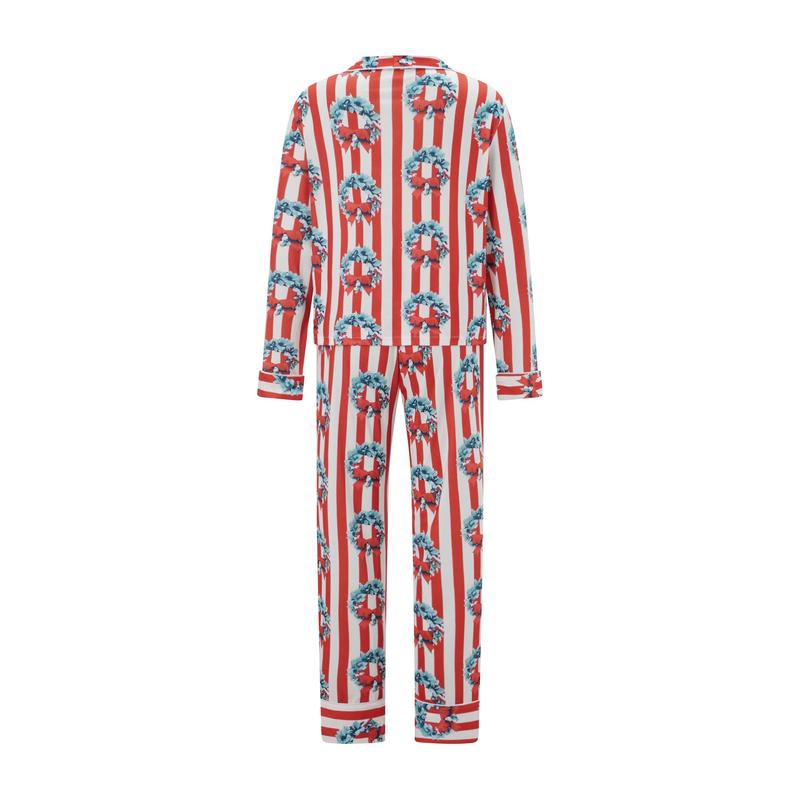 Red Matching Christmas Pajamas For Family, Striped Bow Wreath Print Long Sleeve Button Down Tops Elastic Waist Pants