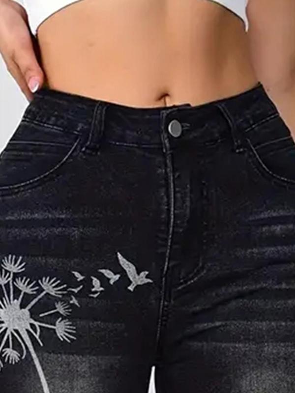 Dandelion & Letter Print Ripped Skinny Jeans for Women, Fall Outfits, Fashion Casual Pocket Button Fly Denim Pants for Daily Outdoor Wear, Pants for Women, Latina Jeans, Ladies Bottoms for Fall