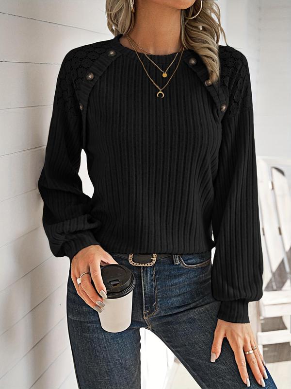 Women's Contrast Floral Lace Button Decor Ribbed Tee, Casual Drop Shoulder Long Sleeve Round Neck T-shirt  for Spring & Fall, Fashion Women's Knitwear for Daily Wear