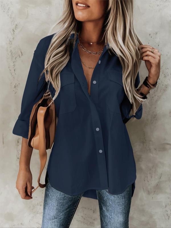  Minimalist Plain Pocket Button Front High Low Hem Long Sleeve Collared Shirt, Casual Basic Comfort Drop Shoulder Roll Up Sleeve Blouse Top for Lady  Summer, Women's Clothes for Daily Womenswear