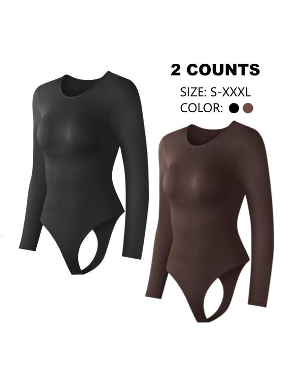 Women's Solid Color Round Neck Long Sleeve Shapewear Bodysuit, Tummy Control Butt Lifting Button Closure Crotch Shaper, Body Shapewear, Ladies Shapewear for All Seasons, Fall Wear, Fallfreshness Clothes Shaper Clothes