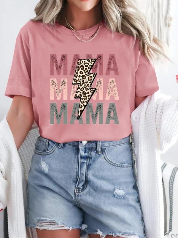 Women's Leopard Lightning & Letter Print Round Neck Tee, Summer Graphic Tees Women, Fashion Casual Short Sleeve T-Shirt for Daily Wear, Graphic Tees, T Shirts for Women, Ladies Clothes for Summer Birthday Gifts