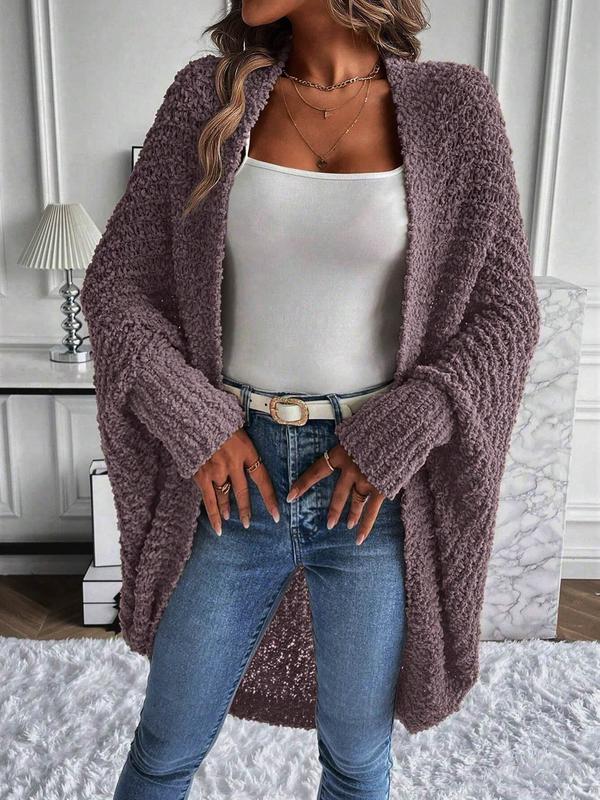 Women's Solid Color Batwing Sleeve Open Front Cardigan, Casual Long Sleeve Outerwear for Fall & Winter, Women's Knit Clothing for Daily Wear