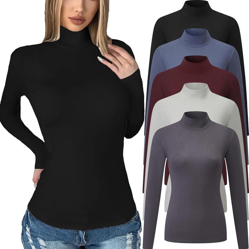 5 Pack Womens Long Sleeve Mock Turtleneck Tops Fall Stretch Tight Basic T Shirt Lightweight Thermal Shirts