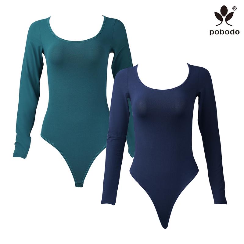 Pobodo Autumn and winter Two-piece cost-effective women's solid color square neck long sleeve shapewear bodysuit, casual and comfortable tummy control shapewear for daily wear women's shapewear