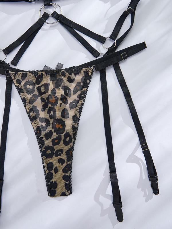 Women's Leopard Print Bow Decor Sheer Bra & Thong Sexy Teddy Lingerie Set, Sexy Adjustable Strap Ring Linked Bra & Panty Set, Soft Comfy Breathable Lingerie Set for Women