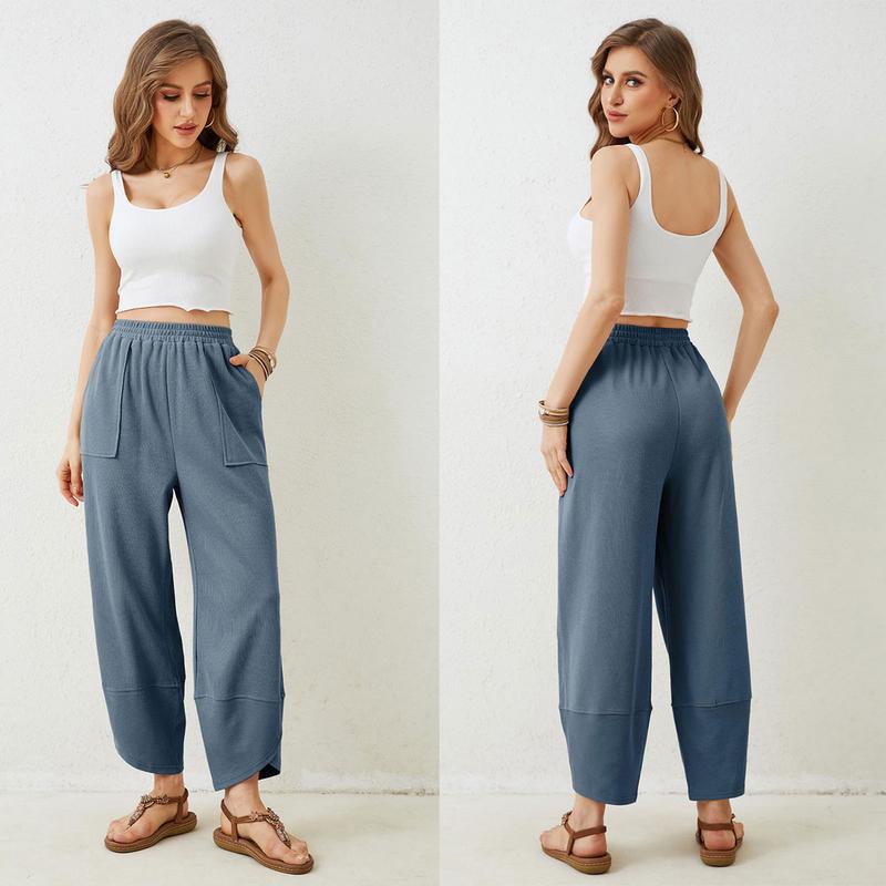 Tanming Womens Cotton Wide Leg Pants Elastic Waisted Baggy Loose Beach Palazzo Harem Pants with Pockets