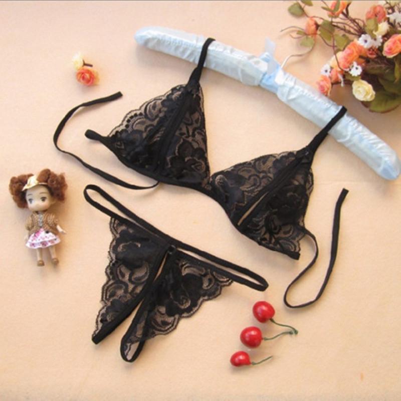 Women's Lingerie Women's Bow Decoration Transparent Floral Lace Lingerie Set Elegant Strap Bra and Crotchless Thong Lingerie