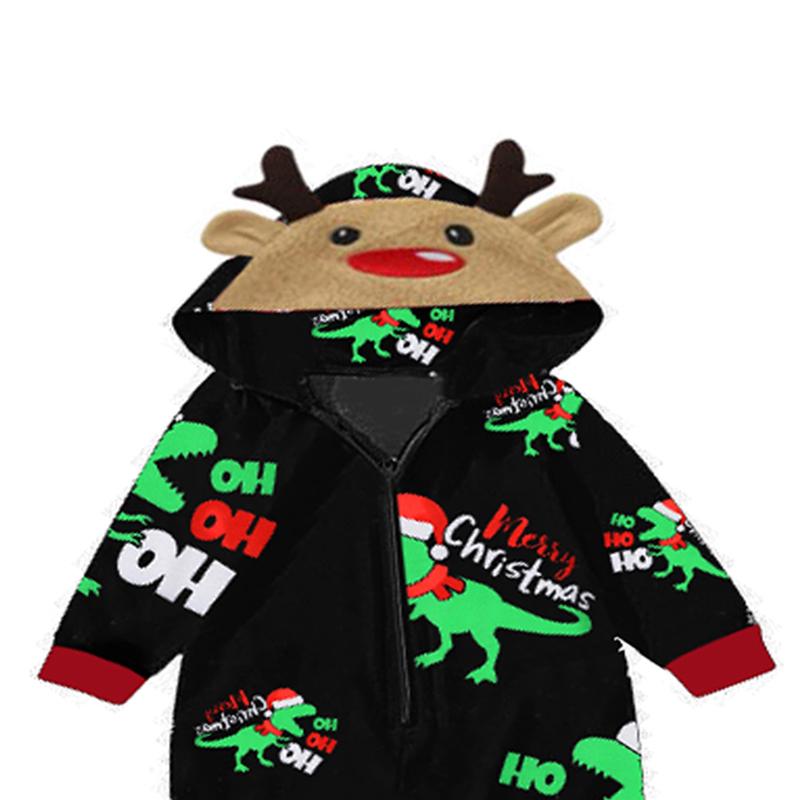 Christmas Family Matching Jumpsuit, Long Sleeve Hooded Dinosaur Print Zipper Closure Loungewear