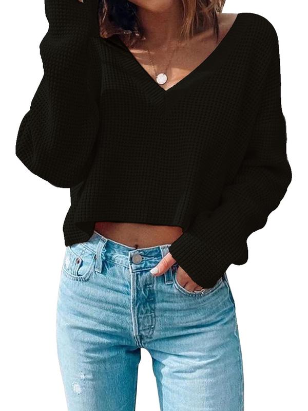 Women's Textured Drop Shoulder Crop Sweater, Trendy Comfy Casual Long Sleeve Deep V Neck Jumper for Fall, Fall Sweaters for Women, Women's 2024 New Autumn Knitwear Top for Daily Wear, Downtown Girl Clothes