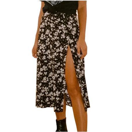 Women Summer Clothes, Leopard Floral Printed High-Waist Half-Length Skirt with Thigh Slit for Girls, Black Brown Womenswear Bottom Outdoor Polyester