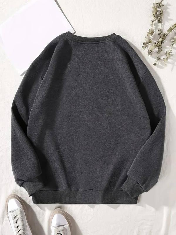 Women's Plain All Over Print Drop Shoulder Sweatshirt, Casual Long Sleeve Round Neck Pullover for Fall & Winter, Ladies Clothes for Daily Wear Black Girl Outfits