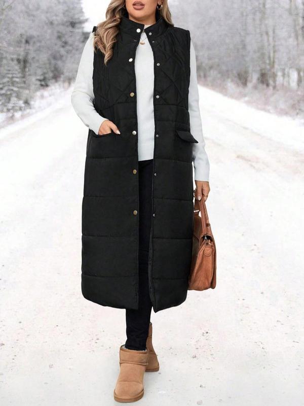  Solid Button Front Pocket Quilted Vest Coat, Casual Sleeveless Outerwear for Fall & Winter, Women's Clothes for Daily Wear