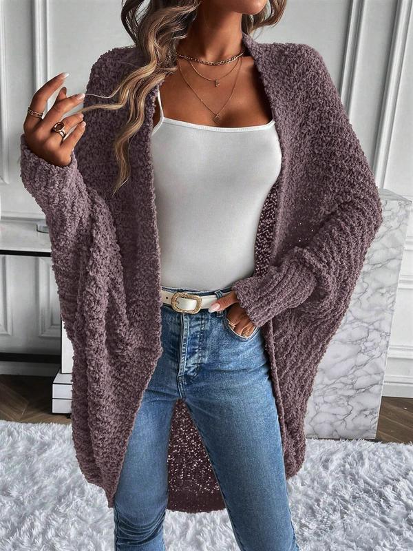 Women's Solid Color Batwing Sleeve Open Front Cardigan, Casual Long Sleeve Outerwear for Fall & Winter, Women's Knit Clothing for Daily Wear