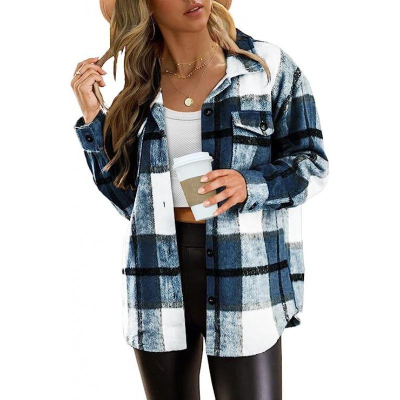 Autumn and Winter Women's Large Pocket Shirt Casual Plaid Top Loose Long Sleeve Ins Shirt