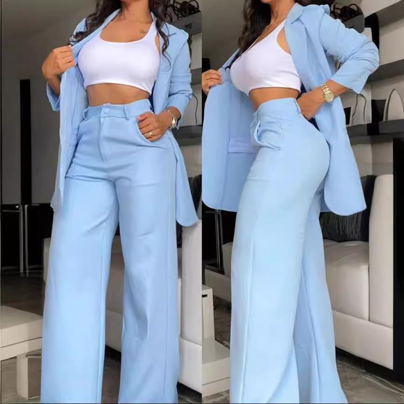 Women's elegant solid color split sleeve lapel suit pocket straight pants suit lapel blazer Women's Lapel