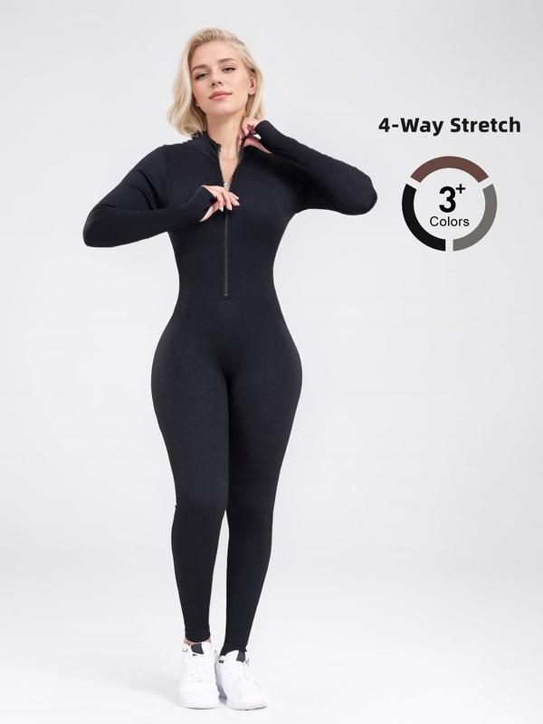 Women's Solid Zip Up Mock Neck Bodysuit, Casual Sporty Comfy Long Sleeve Bodysuit for Fall, Ladies Clothes for Daily Wear