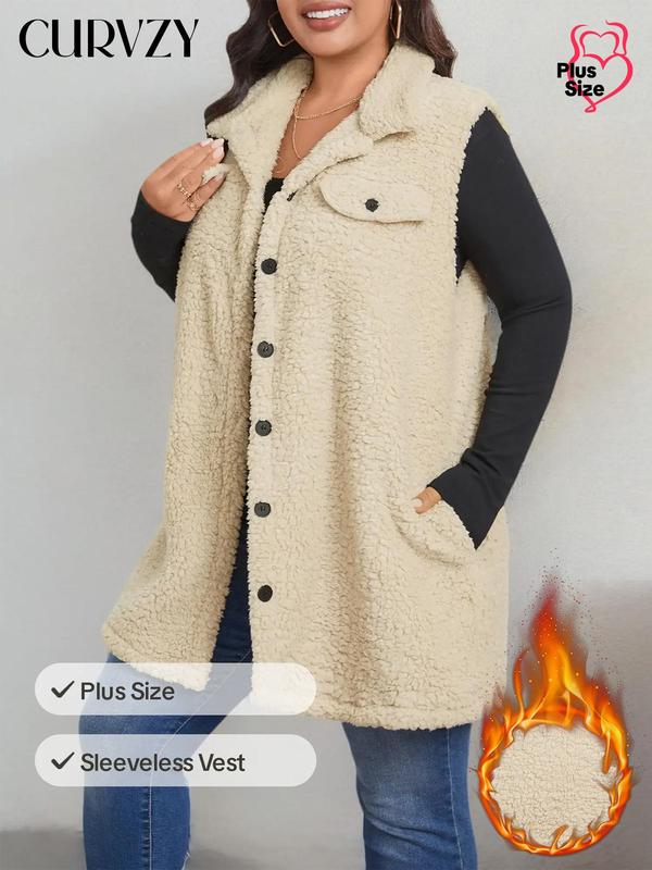 CURVZY Plus Size Solid Color Button Front Pocket Long Vest Jacket, Casual Sleeveless Collared Fuzzy Outerwear for Fall & Winter, Women's Clothes for Daily Wear