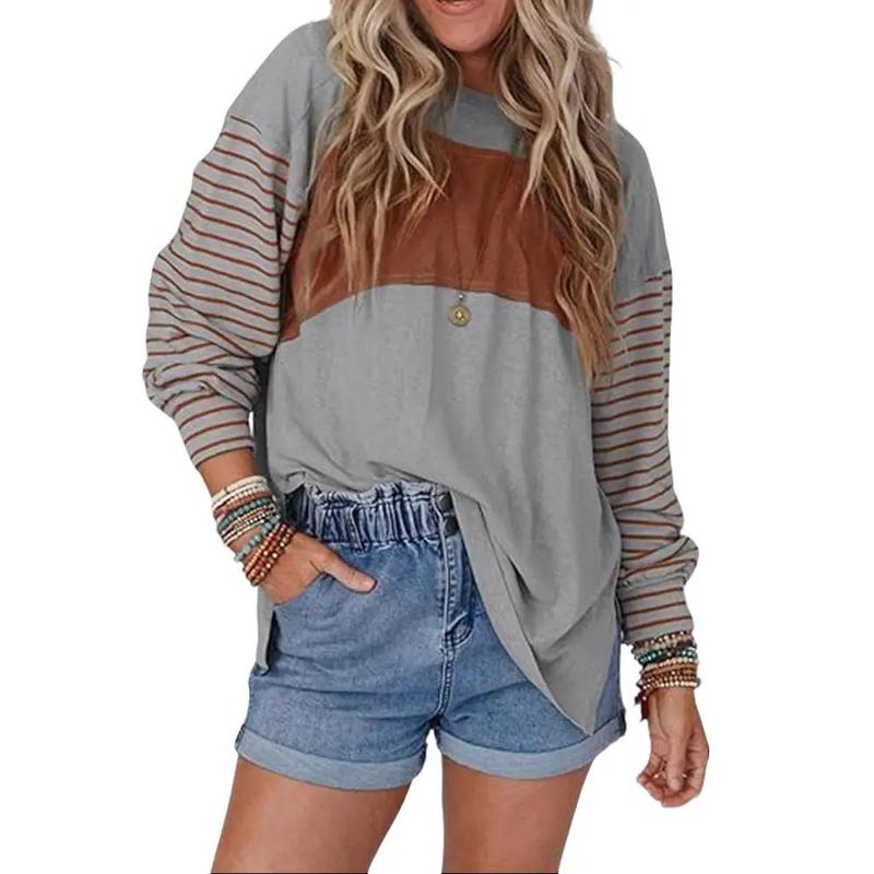 Long Sleeve Fall Tops Oversized Trendy Round Crew Neck Casual Color Block Womens Shirts Blouses Round Neck Womenswear