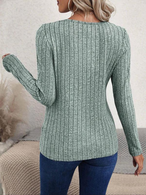 Women's Plain Asymmetrical Hem Button Detail Ribbed Tee, Casual Long Sleeve Round Neck T-shirt for Spring & Fall, Women's Top for Daily Wear