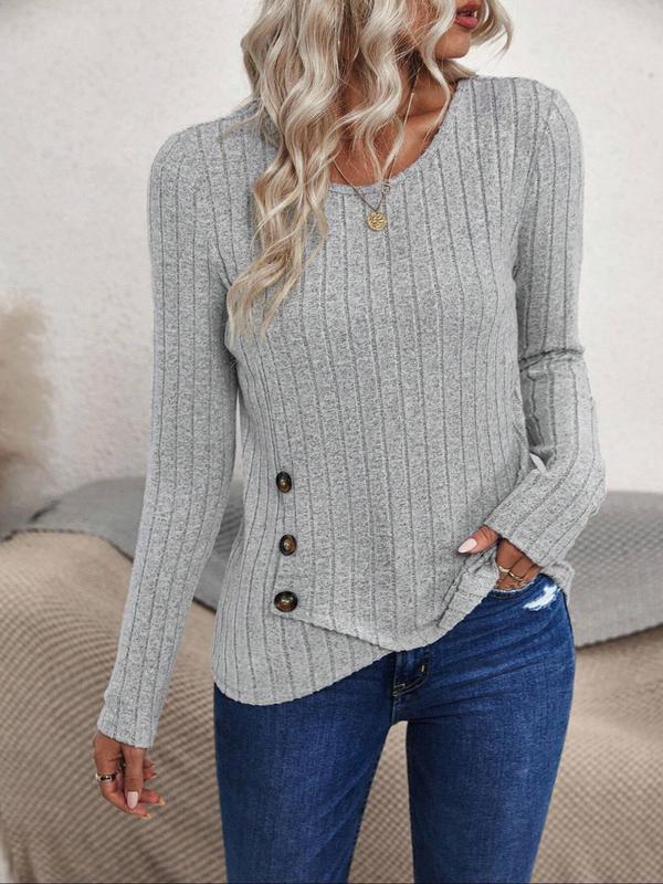 Women's Plain Asymmetrical Hem Button Detail Ribbed Tee, Casual Long Sleeve Round Neck T-shirt for Spring & Fall, Women's Top for Daily Wear