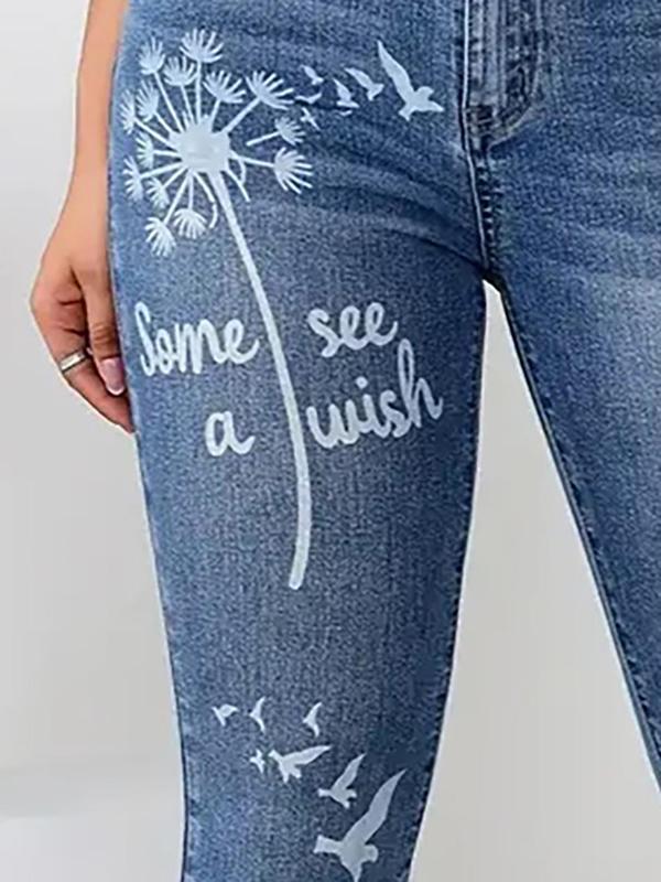 Dandelion & Letter Print Ripped Skinny Jeans for Women, Fall Outfits, Fashion Casual Pocket Button Fly Denim Pants for Daily Outdoor Wear, Pants for Women, Latina Jeans, Ladies Bottoms for Fall