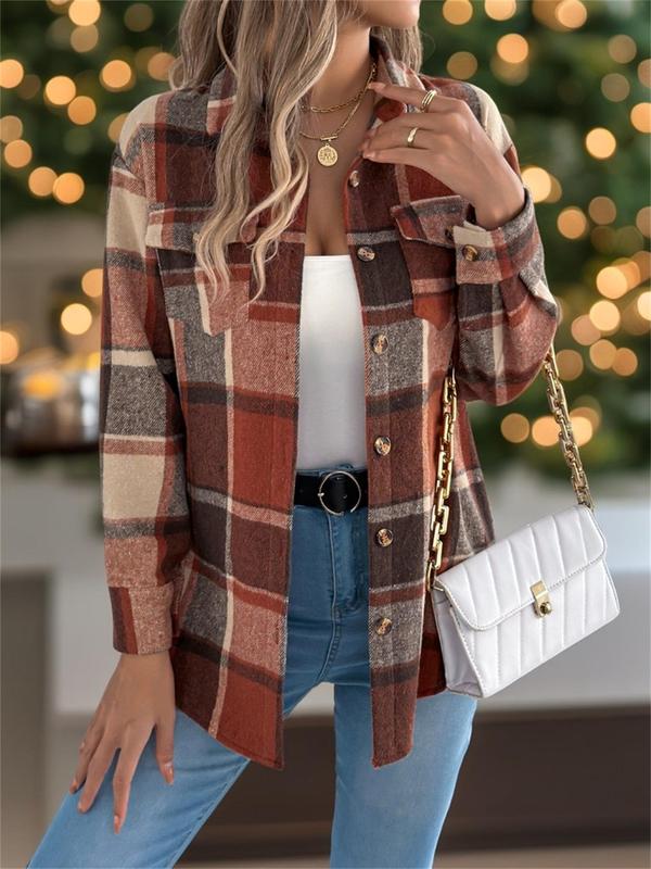 Women's Plaid Print Button Front Pocket Jacket, Casual Long Sleeve Collared Outerwear for Fall & Winter, Ladies Clothes for Daily Wear