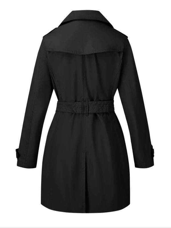 Women's Solid Double Button Belted Trench Coat, Casual Long Sleeve Pocket Design Midi Coat for Fall & Winter, Women's Clothing for Daily Wear