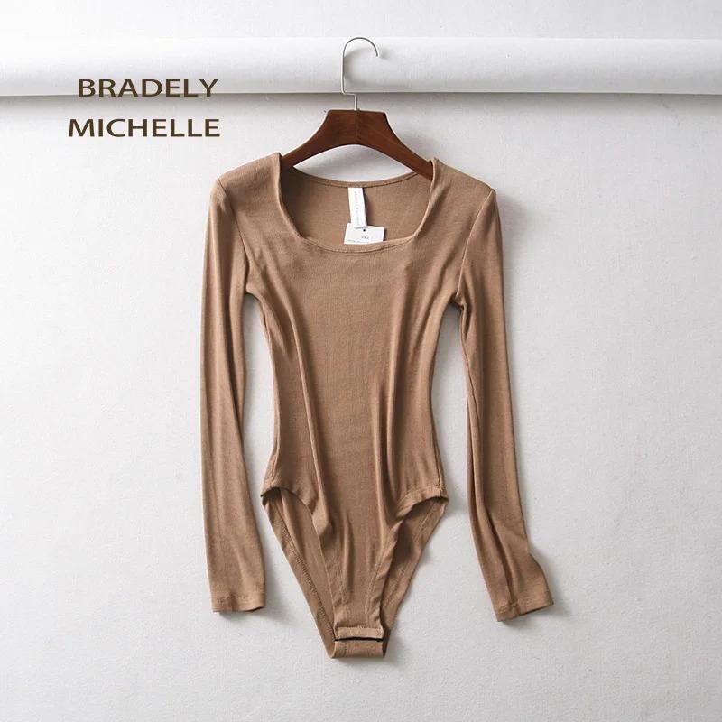 BRADELY MICHELLE Sexy Women Autumn Slim Long Sleeve Square Neck Knitted Tops Bodycon Bodysuits with Hidden Button