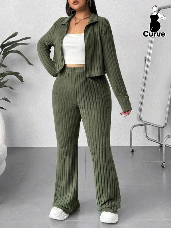  Two-Piece Set Plain Zip Up Jacket & High Waist Flare Leg Pants, Casual Long Sleeve Collared Outerwear & Bell Bottom Trousers for Daily Wear, Women's Outfits for Fall & Winter