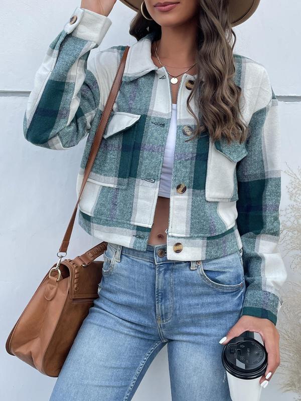 Women's Plaid Print Button Front Drop Shoulder Jacket, Jackets for Women, Casual Flap Pocket Long Sleeve Collared Outerwear for Fall & Winter, Ladies Tops Clothes for Daily Wear