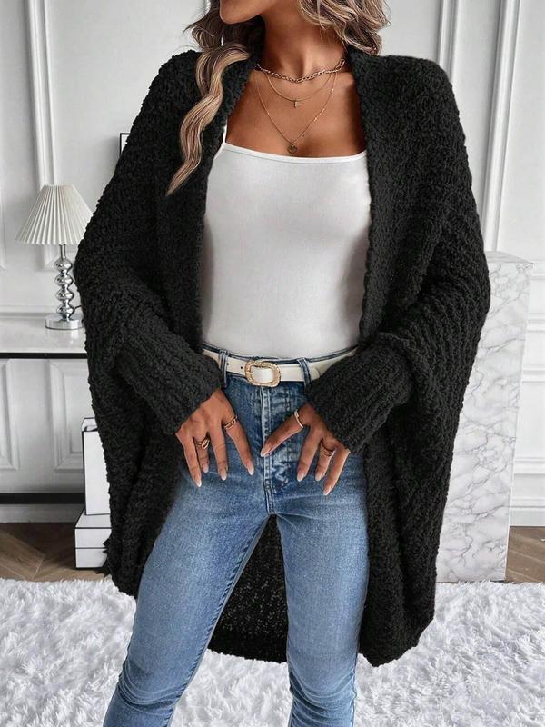 Women's Solid Color Batwing Sleeve Open Front Cardigan, Casual Long Sleeve Outerwear for Fall & Winter, Women's Knit Clothing for Daily Wear