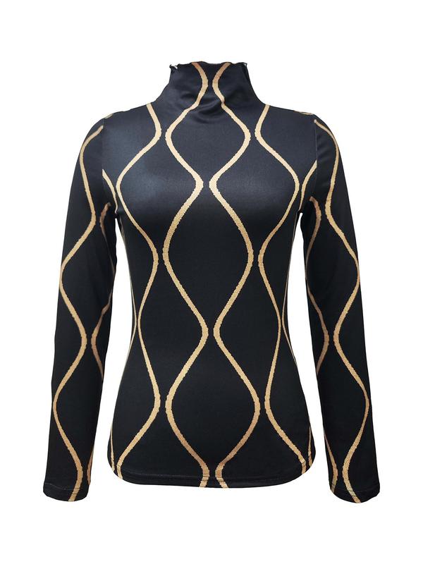 Women's Geometric Print Mock Neck Tee, Casual Long Sleeve T-Shirt for Fall & Winter, Women's Clothing for Daily Wear