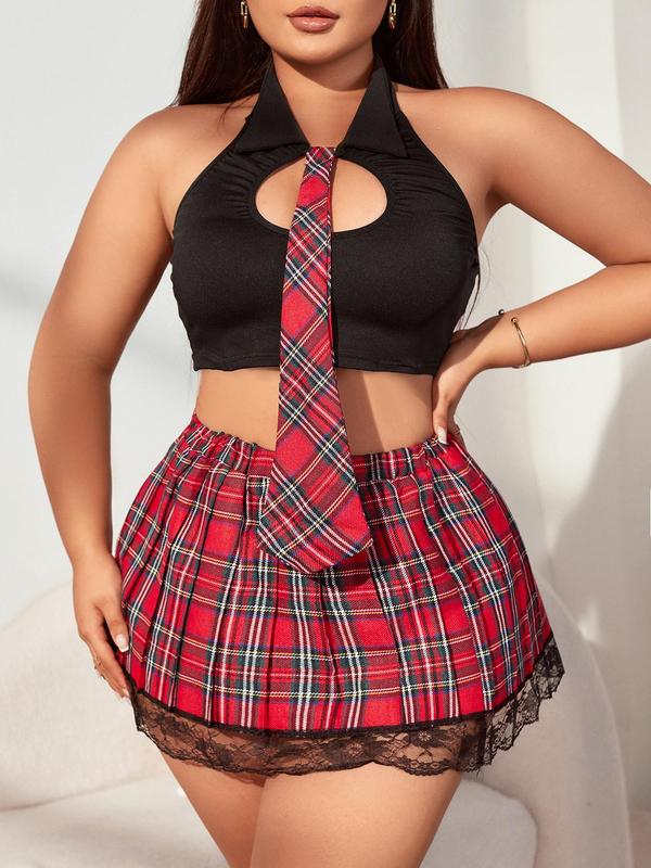  Women's Two-piece Set Solid Halter Bra with Plaid Tie & Plaid Print Contrast Lace Skirt Sexy Underwear Sets, Backless Tie Front Cut Out Bra & Plaid Elastic Waist Skirt, Women's Lingerie Set for All Seasons