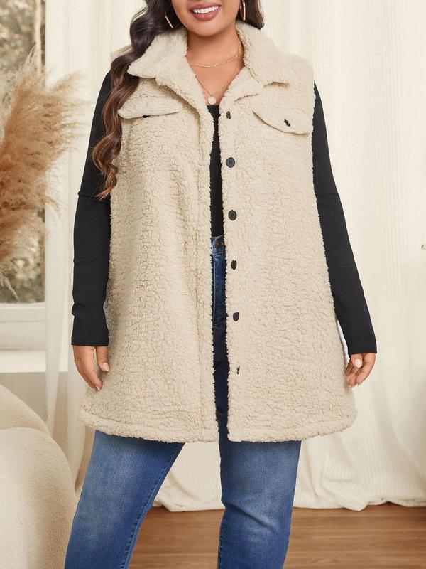 CURVZY Plus Size Solid Color Button Front Pocket Long Vest Jacket, Casual Sleeveless Collared Fuzzy Outerwear for Fall & Winter, Women's Clothes for Daily Wear