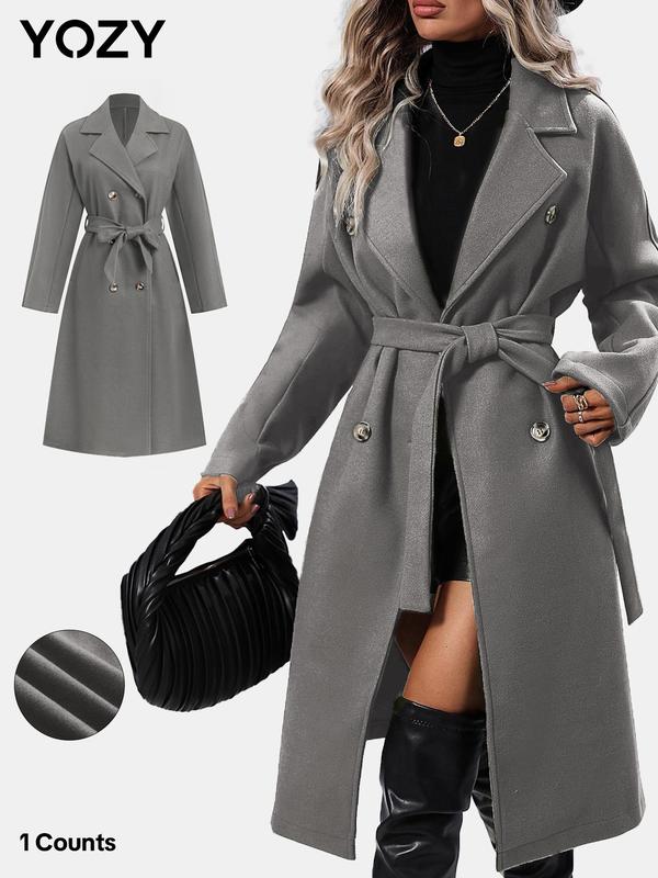 YOZY Black Friday Deals Women's Solid Double Button Belted Overcoat, Casual Jackets, Long Sleeve Lapel Coat for Fall & Winter, Women's Clothing for Daily Wear, Black Friday Haul, Christmas 2024 Trend, Thanksgiving Clothes, Fall Clothes, Winter Clothes