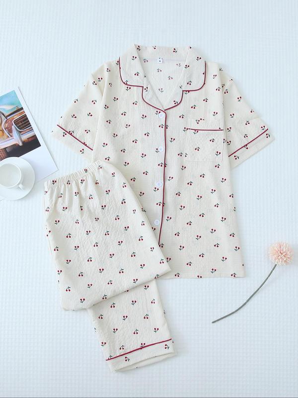 Women's Heart Print Pajama Set, Casual Short Sleeve Button Front Lapel Shirt & Pants Pj Set, Summer Wear 2024, Summer Clothes, PJs Lounge Set, Pajama Sets Women, Please Purchase One Or Two Size Up