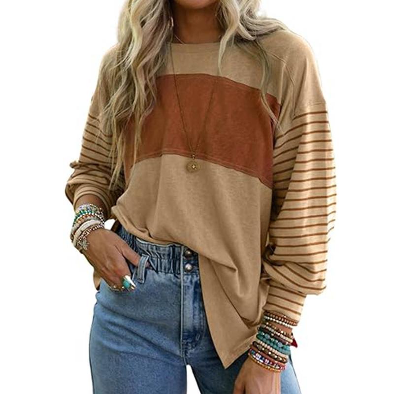 Long Sleeve Fall Tops Oversized Trendy Round Crew Neck Casual Color Block Womens Shirts Blouses Round Neck Womenswear